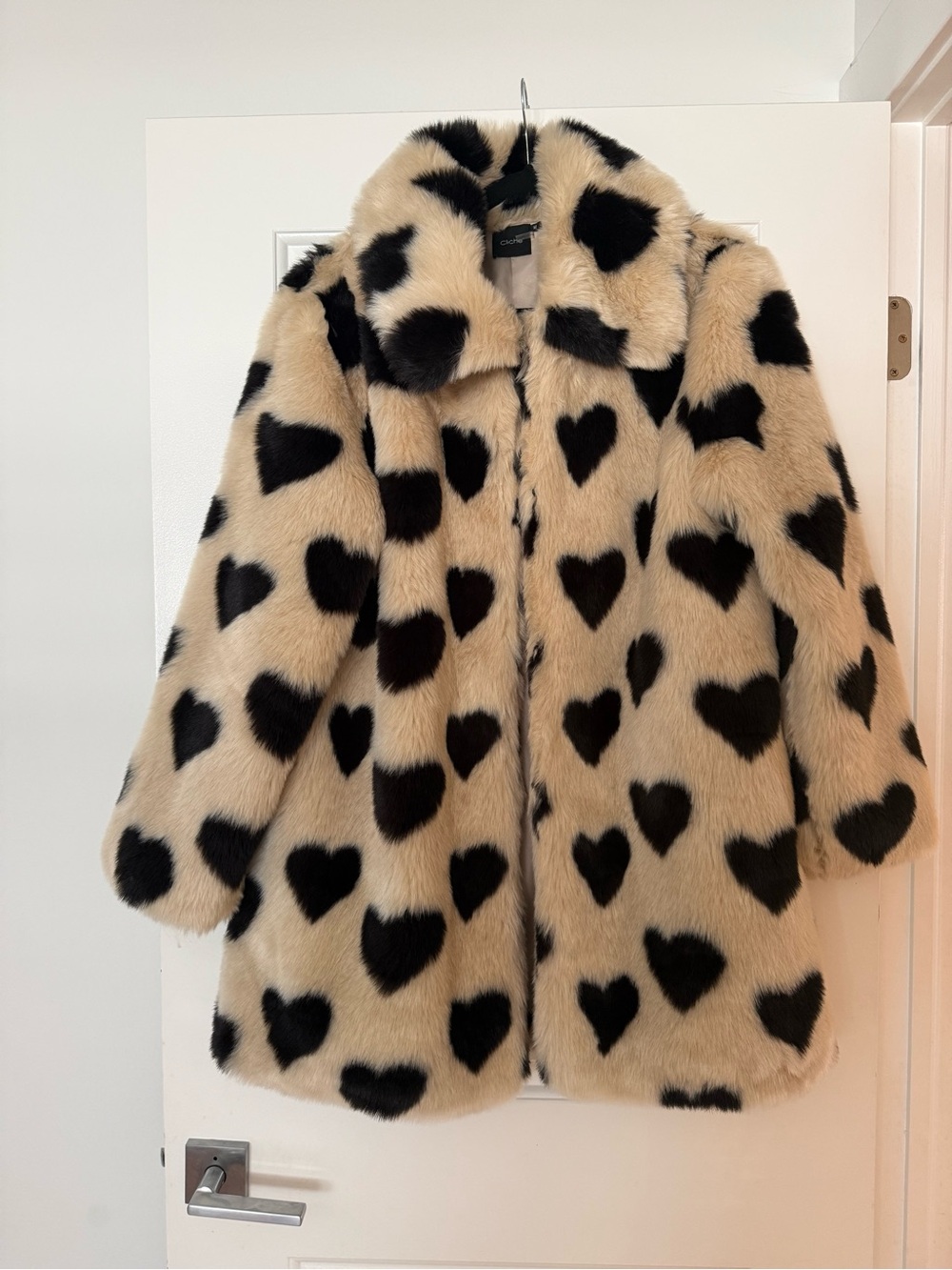 Beige Faux Fur Coat with Black Heart Print